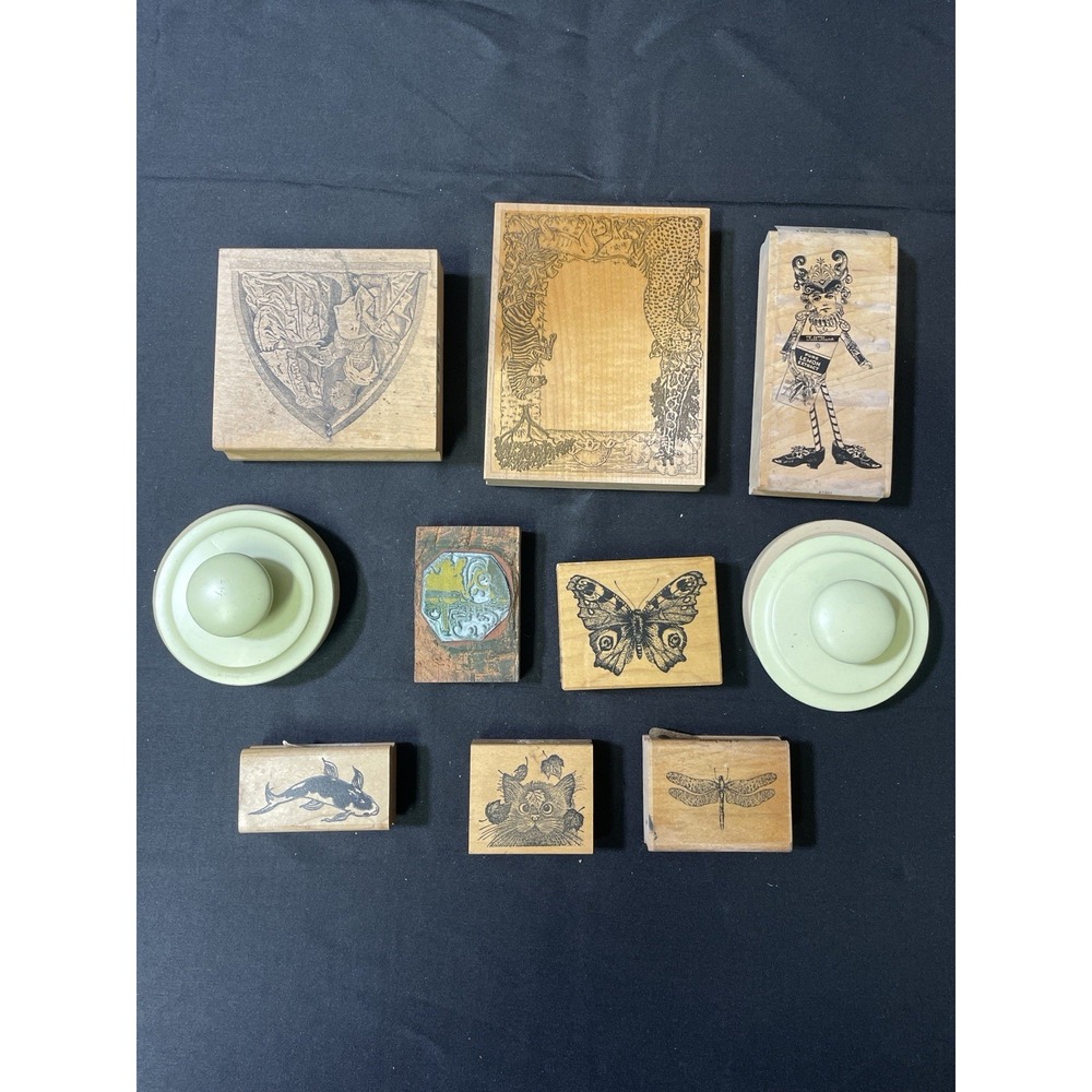 Vintage Rubber Stamp Lot 10pc Wood Mounted Butterfly Cat Insect Art
